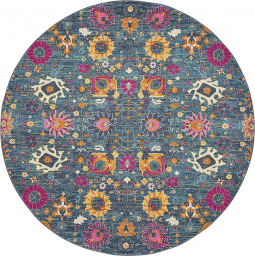 Homeroots Home Decor 8’ Round Denim Blue Florals Distressed Area Rug, Denim Blue, Round
