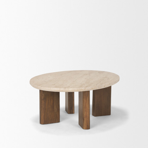 30" Beige and Brown Stone and Solid Wood Oval Coffee Table