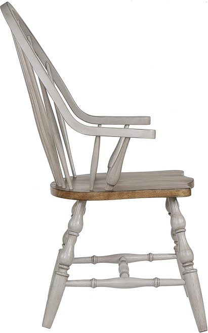Sunset Trading Country Grove Windsor Spindleback Dining Chair with Arms | Fully Assembled Kitchen Armchair| Modern Farmhouse Minimalist Country Cottage | Distressed Gray and Brown Wood