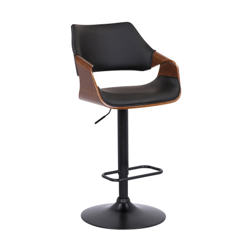Homeroots Living Room Black Faux Leather and Walnut Wood Swivel Adjustable Bar Stool