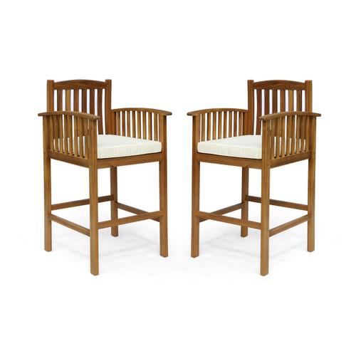 Set of Two 30" Beige Solid Wood Outdoor Bar Height Chairs