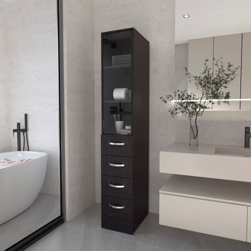 12" Black Wood Freestanding Single Door Bathroom Vanity And Four Drawers