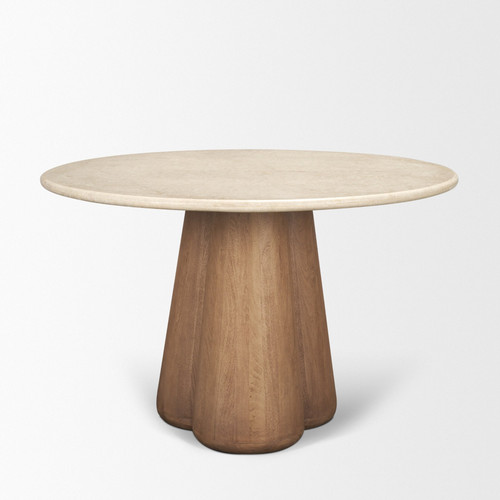 48" Beige and Brown Marble and Solid Wood Pedestal Base Round Top Dining Table