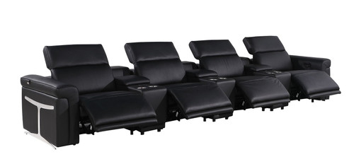 166" Black Top Grain Leather Reclining Metal USB Sofa