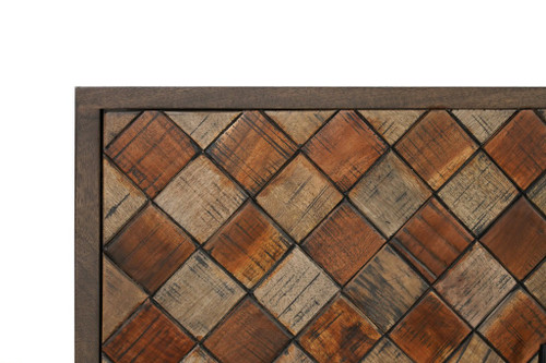 84" Brown Distressed Solid Wood Carved Geometric Sideboard With Four Doors