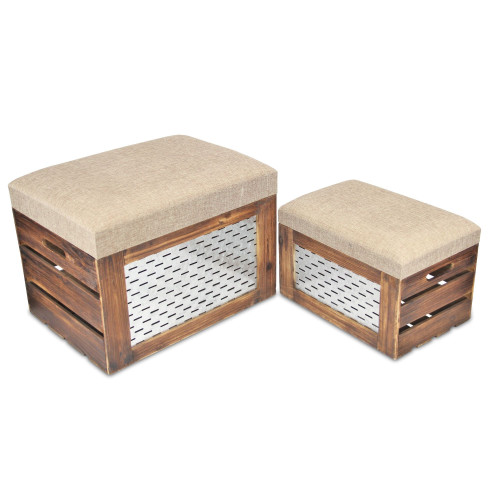 Set of Two 21" Beige and Brown Linen and Solid Wood Upholstered Distressed Storage Bench With Flip Top