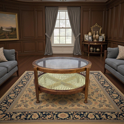 33" Clear and Oak Glass and Solid Wood Round Coffee Table