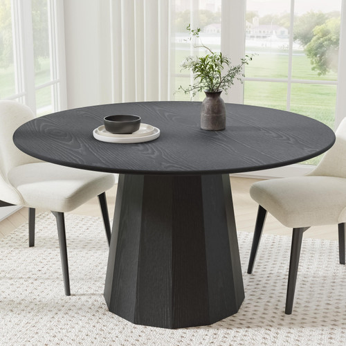 52" Black Solid Wood Pedestal Base Round Top Dining Table