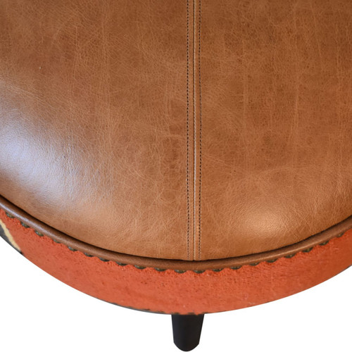 18" Brown Leather Round Footstool