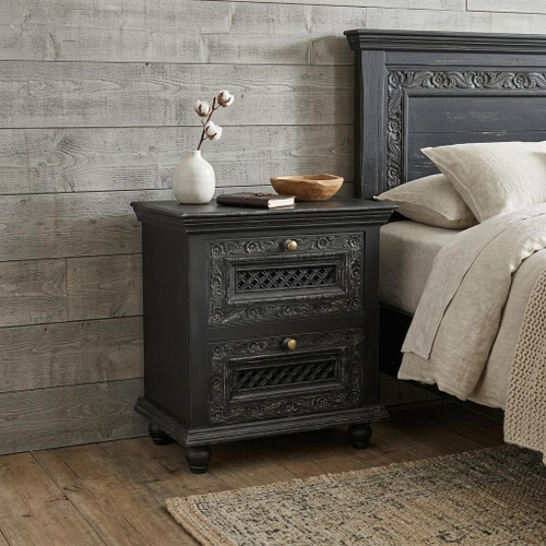 26" Black Solid Wood Square Distressed Carved Floral Two Drawer Nightstand