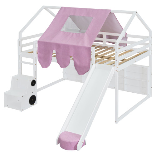 White Four Poster Wood Full Double Loft Bed with Slide and Shelves