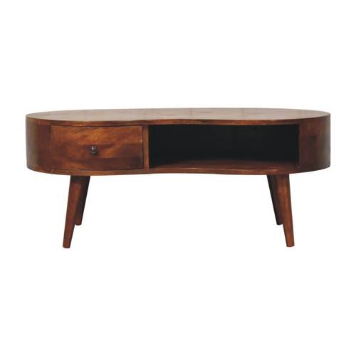 41" Chestnut Solid Wood Free Form Coffee Table With Drawer And Shelf