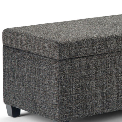 48" Dark Gray and Dark Brown Faux Linen and Solid Wood Upholstered Storage Bench With Flip Top