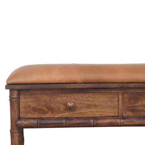 35" Brown Faux Leather and Solid Wood Upholstered Storage Bench With Drawers