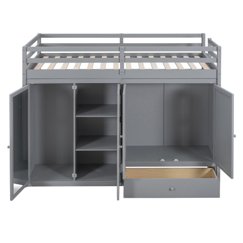 Gray Four Poster Wood Twin Loft Bed with Shelves