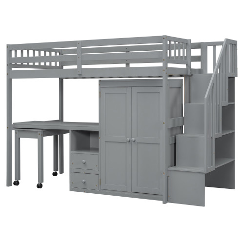 Gray Slat Wood Twin Loft Bed With Stairs And Desk And Drawers And Drawer