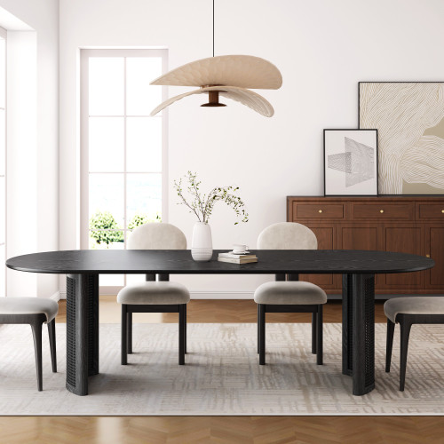 79" Black Solid Wood Double And Rattan Pedestal Base Oval Dining Table