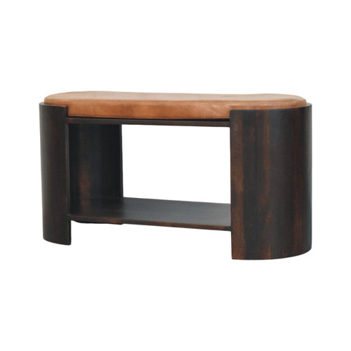 35" Brown Genuine Leather and Solid Wood Upholstered Storage Bench With Shelves