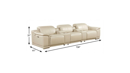 134" Beige Italian Leather Reclining Metal USB Sofa