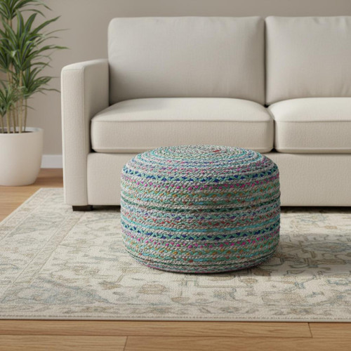 20" Green Jute Round Pouf Ottoman