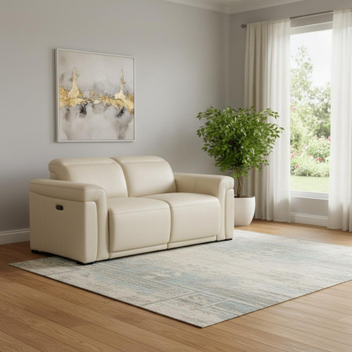 65" Cream and Black Italian Leather Power Reclining Loveseat