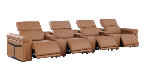 166" Chestnut Top Grain Leather Reclining Metal USB Sofa