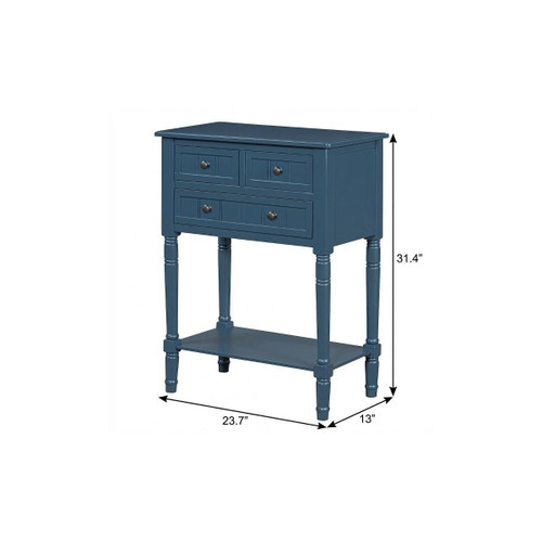 24" Navy Blue Wood Console Table With Shelf And Three Drawers