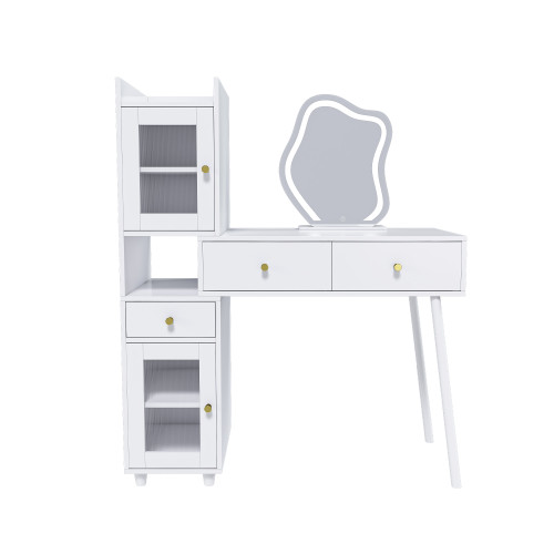 39" White Wood Mirrored Three Drawer Vanity Table And Lights