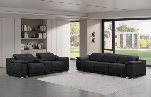 Two Piece Black Genuine Leather Five Person Seating Set