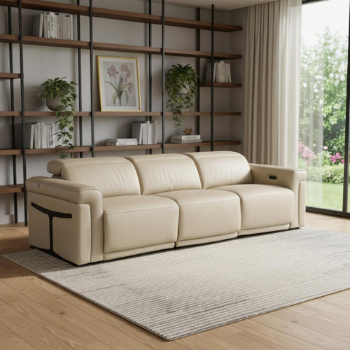 100" Beige Top Grain Leather Reclining Metal USB Sofa
