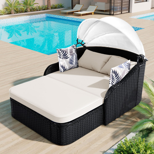 48" Black Rattan and Cushions Patio Daybed with Toss Pillows