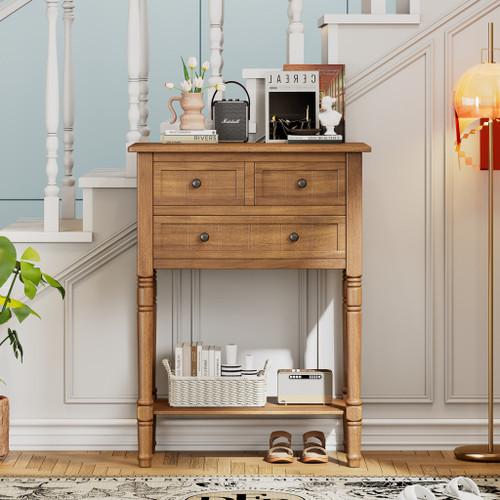 24" Natural Wood Console Table With Shelf And Three Drawers