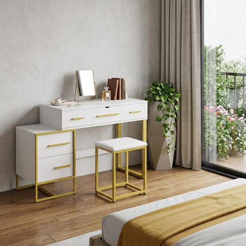 39" White Wood Mirrored Two Drawer Vanity Table