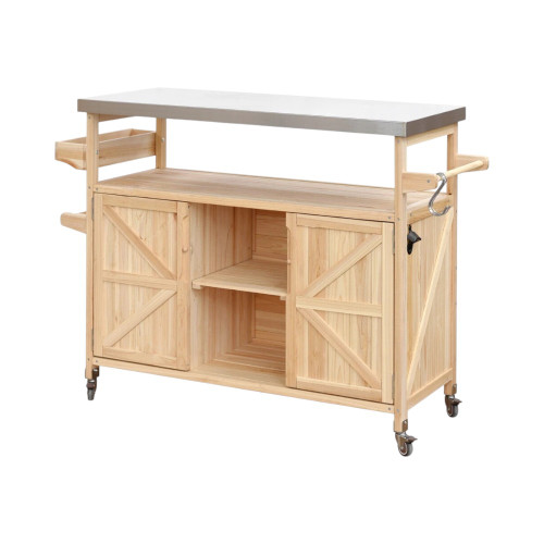 50" Natural Wood Barn Door Rolling Kitchen Island With Storage