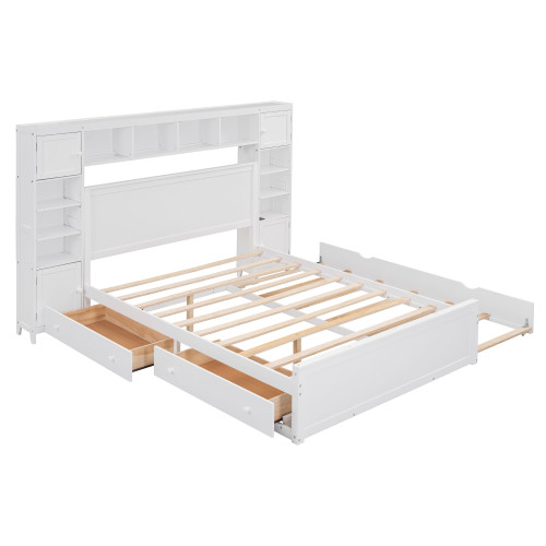 White Wood Queen Bed Frame With Trundle And Drawers