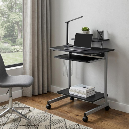 29" Espresso and Silver Wood and Stainless Steel Rolling Computer Desk