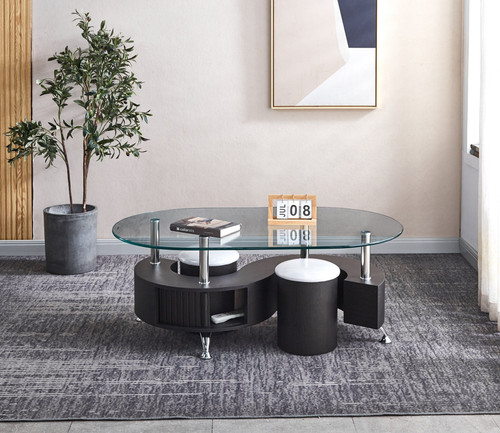 47" Clear Brown and Silver Mirrored Glass Wood and Stainless Steel Oval Coffee Table
