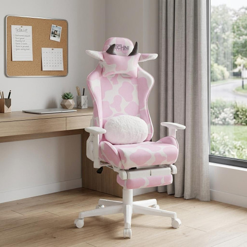 Pink and White Adjustable Height Swivel Rolling Gaming Chair