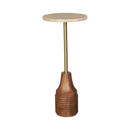 10" Brown Marble and Solid Wood Round Pedestal End Table