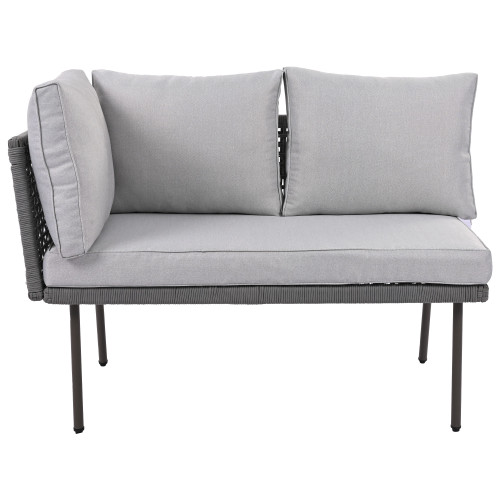 Six Piece Gray and Light Gray Wicker Upholstered Cushions Sofa Seating Group With Table