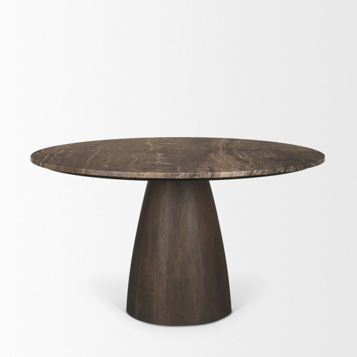 54" Brown Marble and Solid Wood Pedestal Base Round Top Dining Table