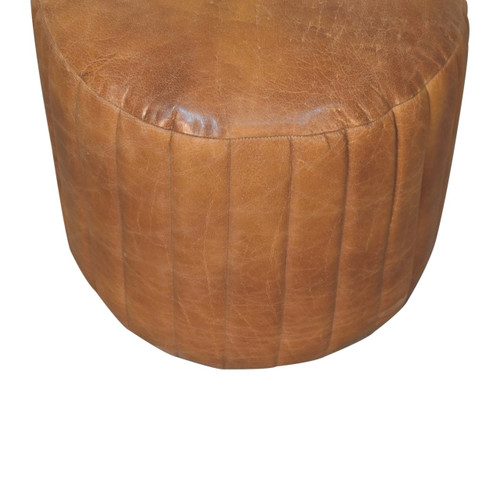 16" Brown Leather Round Footstool