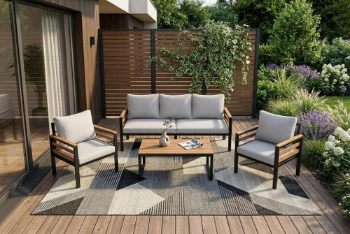 Three Piece Outdoor Beige Metal Sofa Seating Group with Beige Cushions