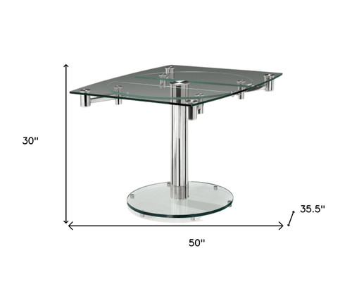 50" Clear And Silver Glass And Metal Self-Storing Leaf Pedestal Base Dining Table