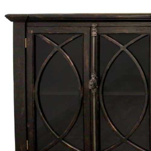 113" Black Distressed Solid Wood Sideboard with Six Glass Doors
