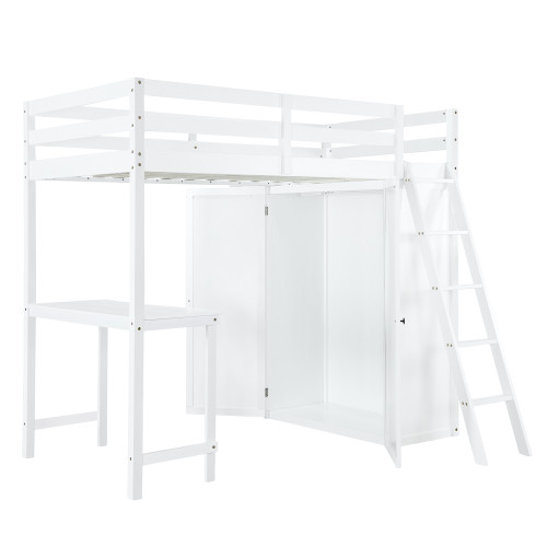 White Platform Wood Twin Loft Bed with Desk and Shelves