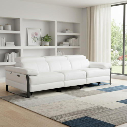 103" White Top Grain Leather Reclining Metal USB Sofa