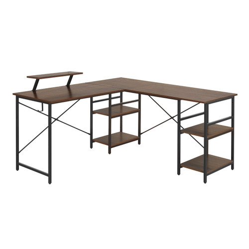 59" Walnut Wood and Stainless Steel L Shape Computer Desk