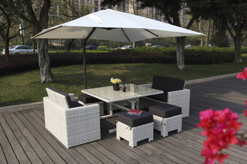 Seven Piece White and Dark Gray Wicker Upholstered Cushions Outdoor Patio Set With Table
