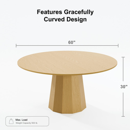 60" Oak Wood Pedestal Base Round Top Dining Table